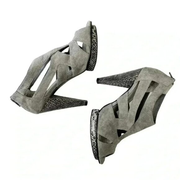 Attitude Strappy Chunky Platform Heels Caged Open Toe Shoe Y2K Faux Suede Grey 7 - Picture 13 of 15